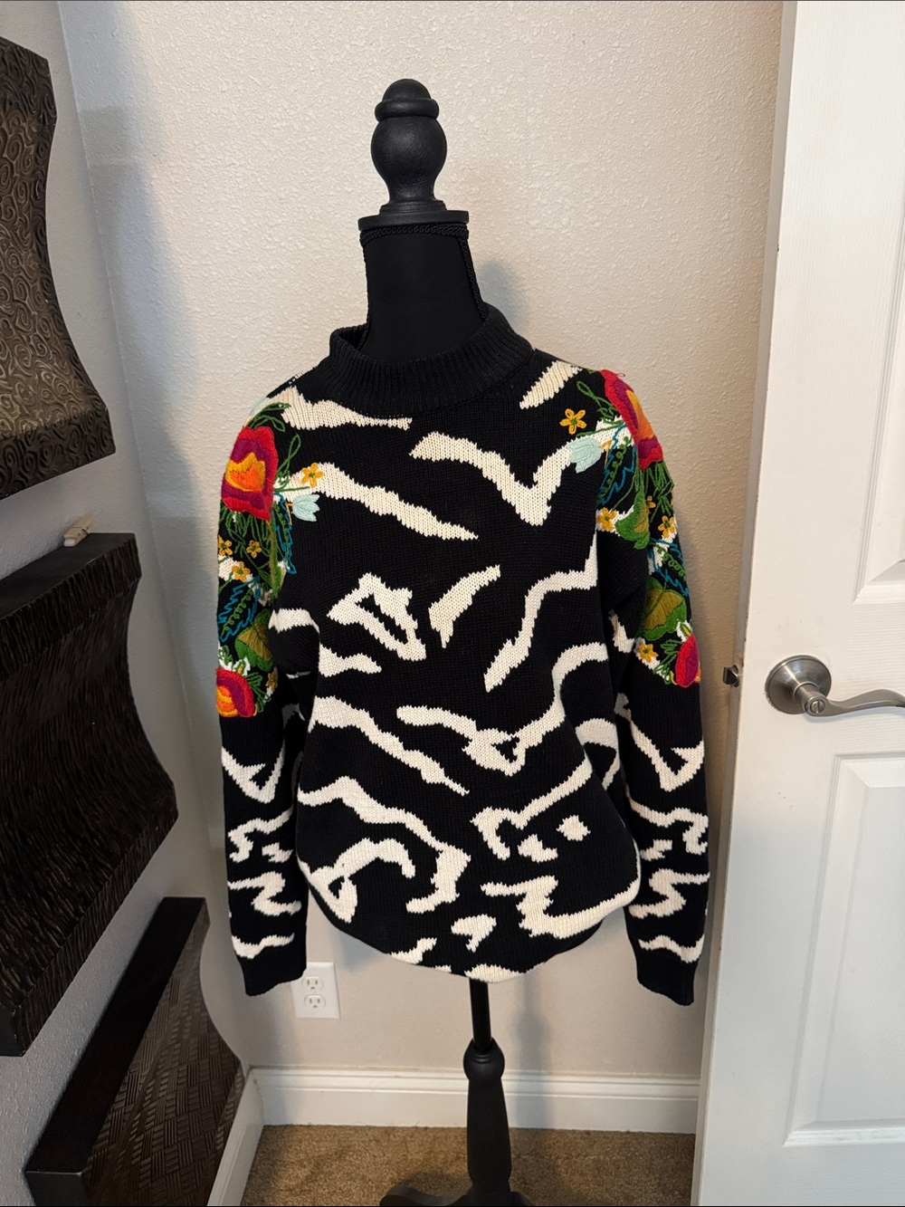Black & White Zebra Print Crewneck Sweater with Floral Sleeves